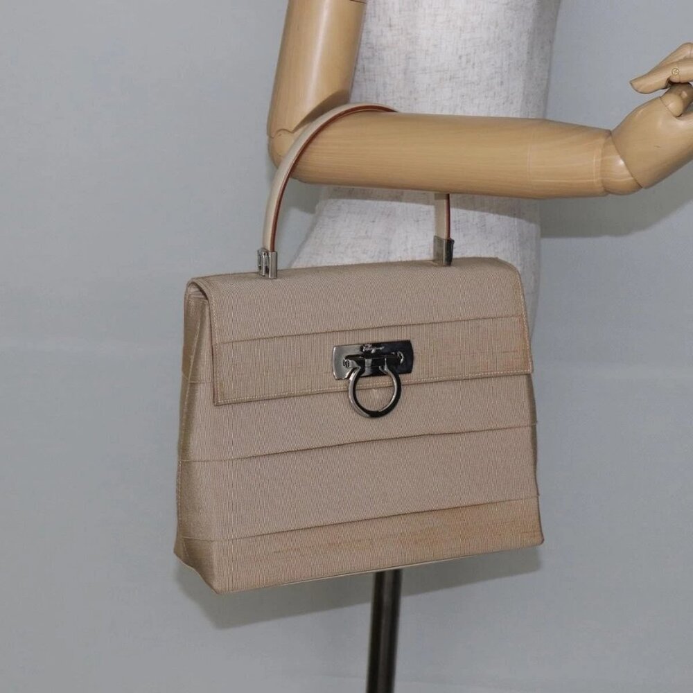 Salvatore Ferragamo Gancini Hand Bag Canvas Beige Silver Auth